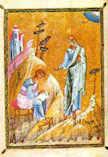 'Евангелист Иоанн и Прохор', миниатюра из рукописи афонского Дионисиева монастыря, XI в.